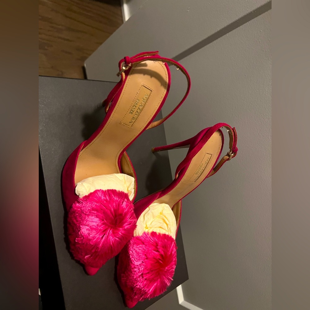 Aquazzura Powder Puff 85 Pumps EU 40 US 10 Hot Pink Pom Pom High Heels